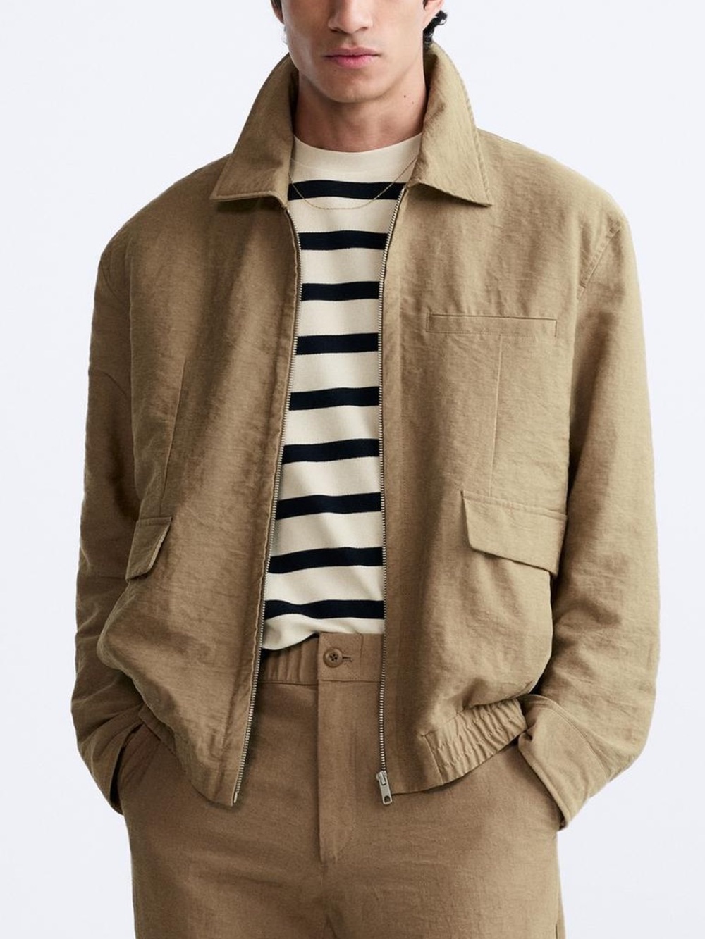 Zara Men's Lightweight Zip-Up Bomber Jacket, Khaki